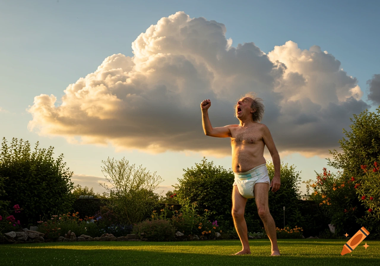 Photorealistic image of an old man in a diaper, shirtless, with frizzy hair, shouting at a large cloud in a sunny garden.