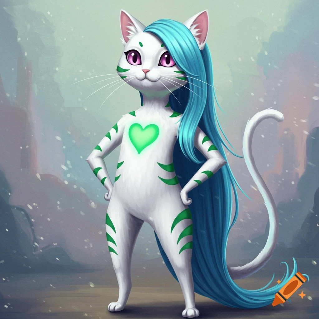 A white anthropomorphic cat with long blue hair, pink eyes, and a glowing green heart on its chest stands with hands on hips.