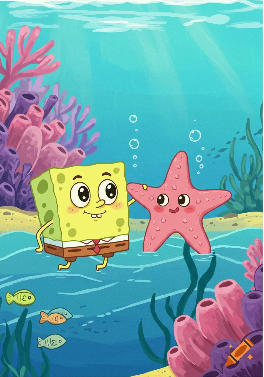 A friendly yellow sponge cartoon character and a pink starfish friend pose underwater among coral and fish in a vibrant cartoon style.