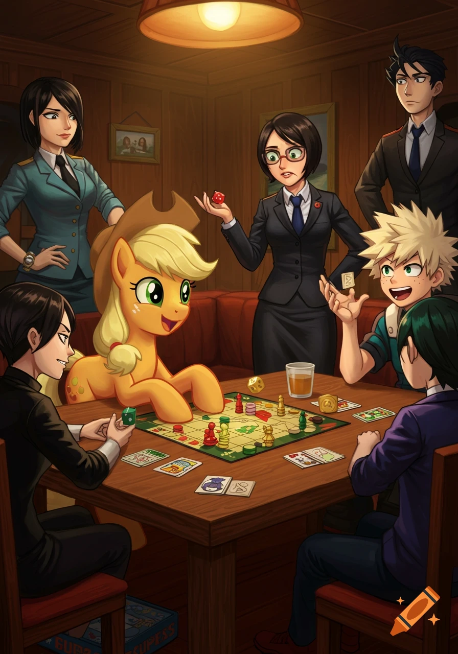 A group of diverse animated characters, including Applejack, Bakugo, Deku, Mob, and Principal Perry, playing a board game at a wooden table in a dimly lit room.