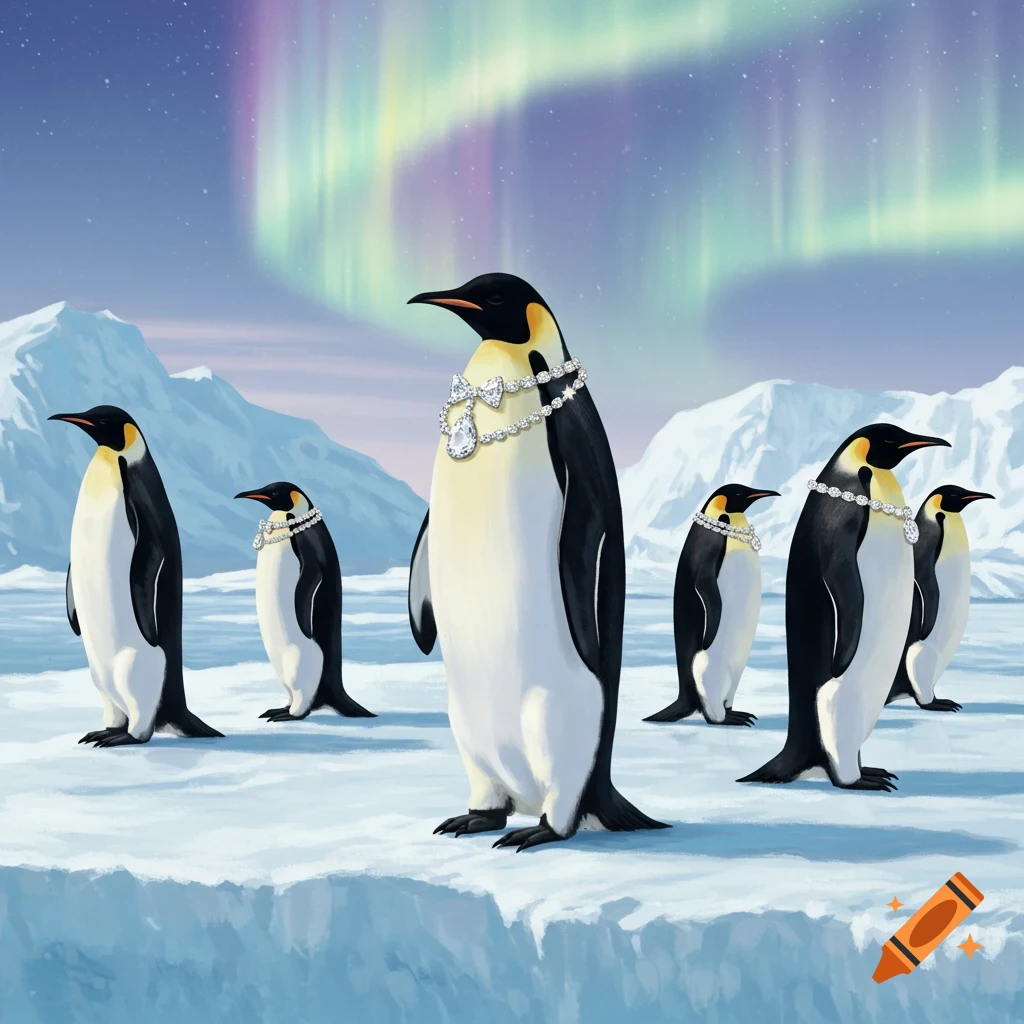 Illustration of several emperor penguins wearing diamond necklaces on an ice floe under an aurora borealis sky.