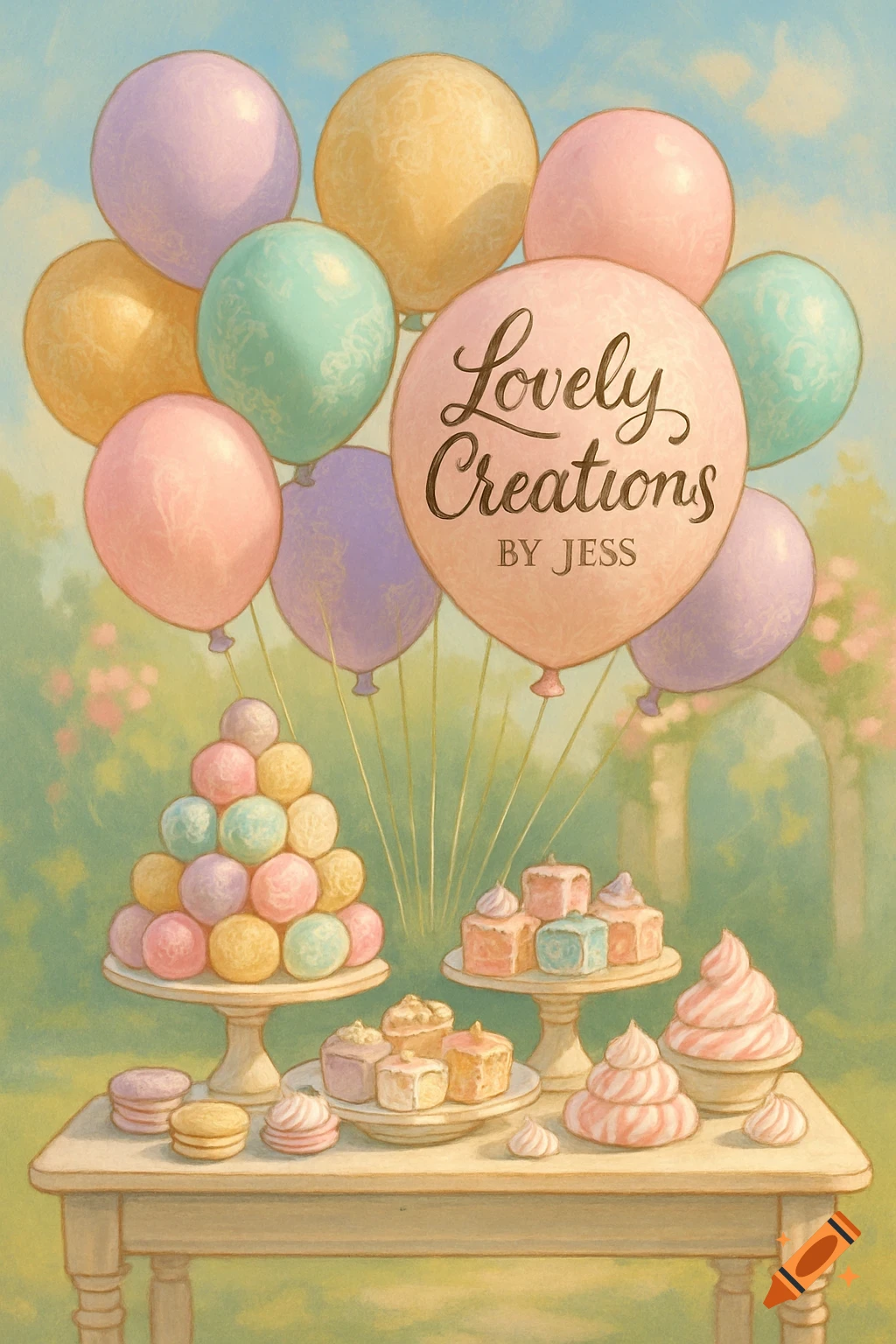 A pastel illustration of balloons and various pastries on a table in a garden, with "Lovely Creations By Jess" on the main balloon.