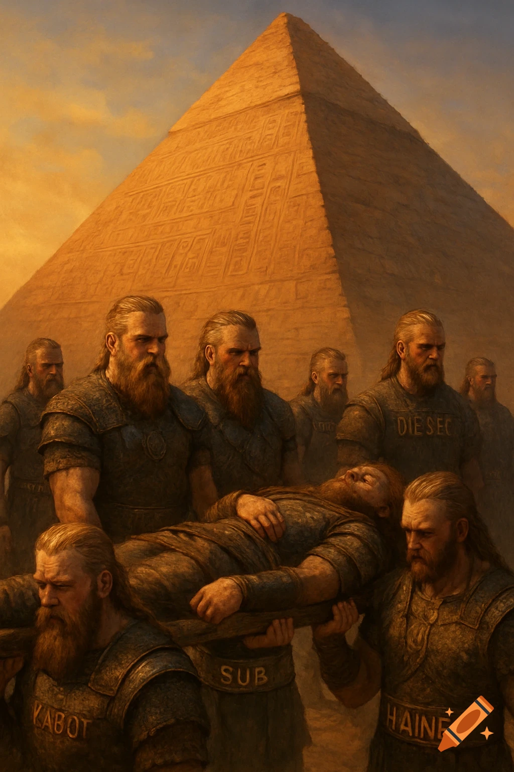 A group of bearded Vikings carry a body on a stretcher towards a large ancient Egyptian pyramid under a warm, cloudy sky.