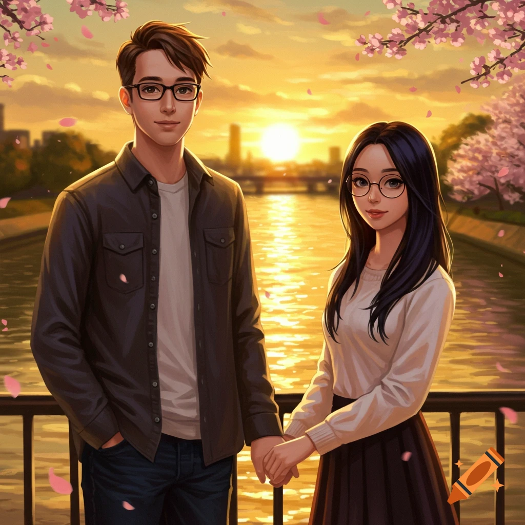 An anime couple with glasses holding hands by a river at sunset with cherry blossoms falling.