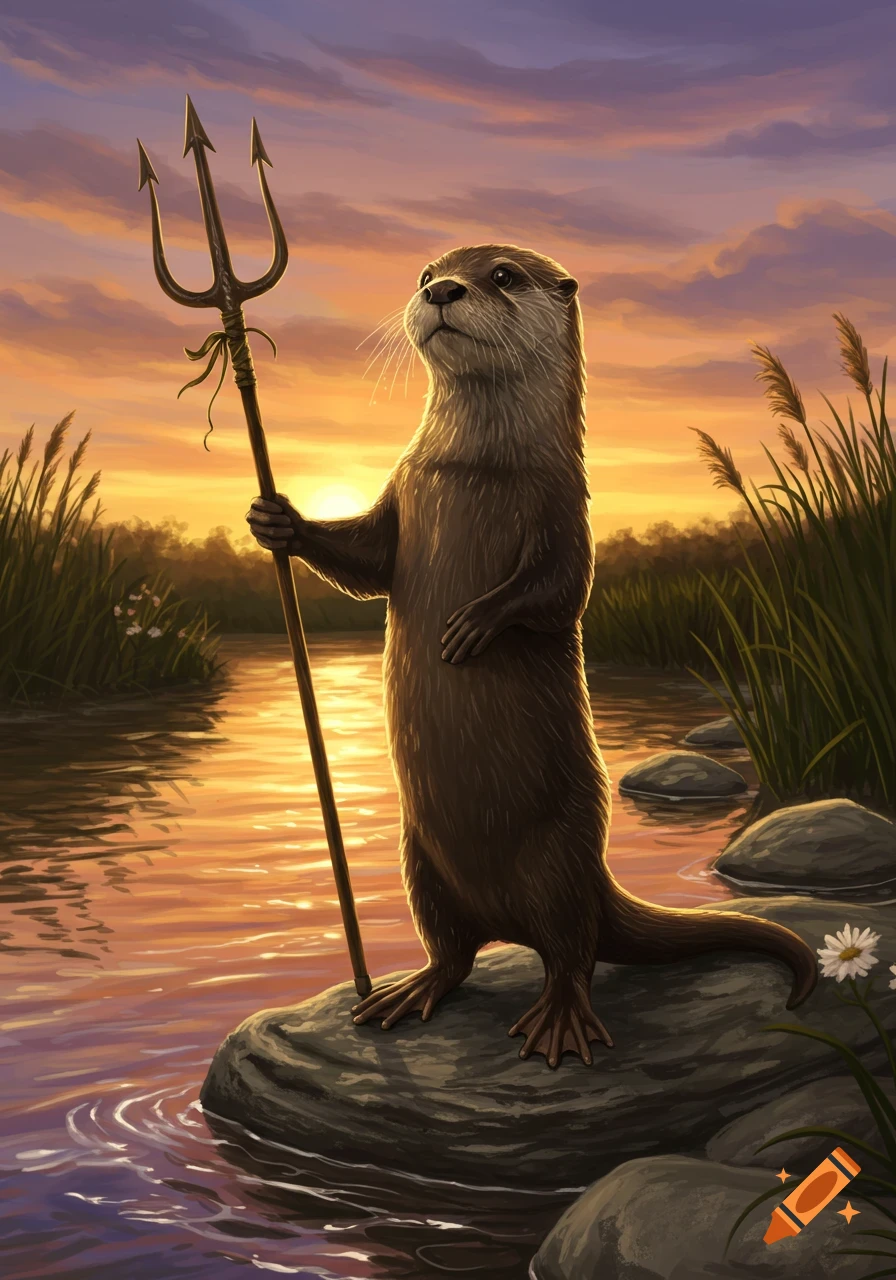 An anthropomorphic river otter stands on a rock in a river, holding a trident, at sunset.