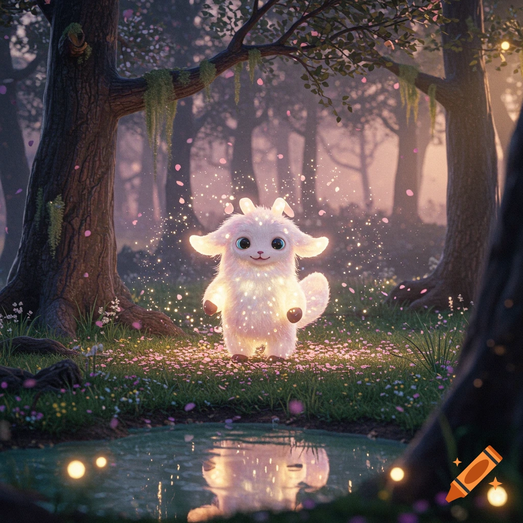 A glowing, fluffy white creature with large eyes stands in an enchanted forest with pink petals and sparkling lights, reflected in a pond.