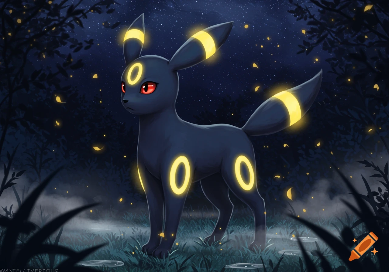 A dark blue Umbreon with glowing yellow rings stands in a magical forest at night with glowing yellow leaves floating around.