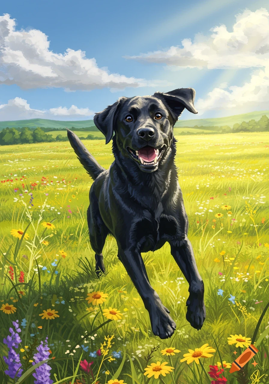 A happy black labrador dog leaps through a sunny field of colorful wildflowers under a blue sky.