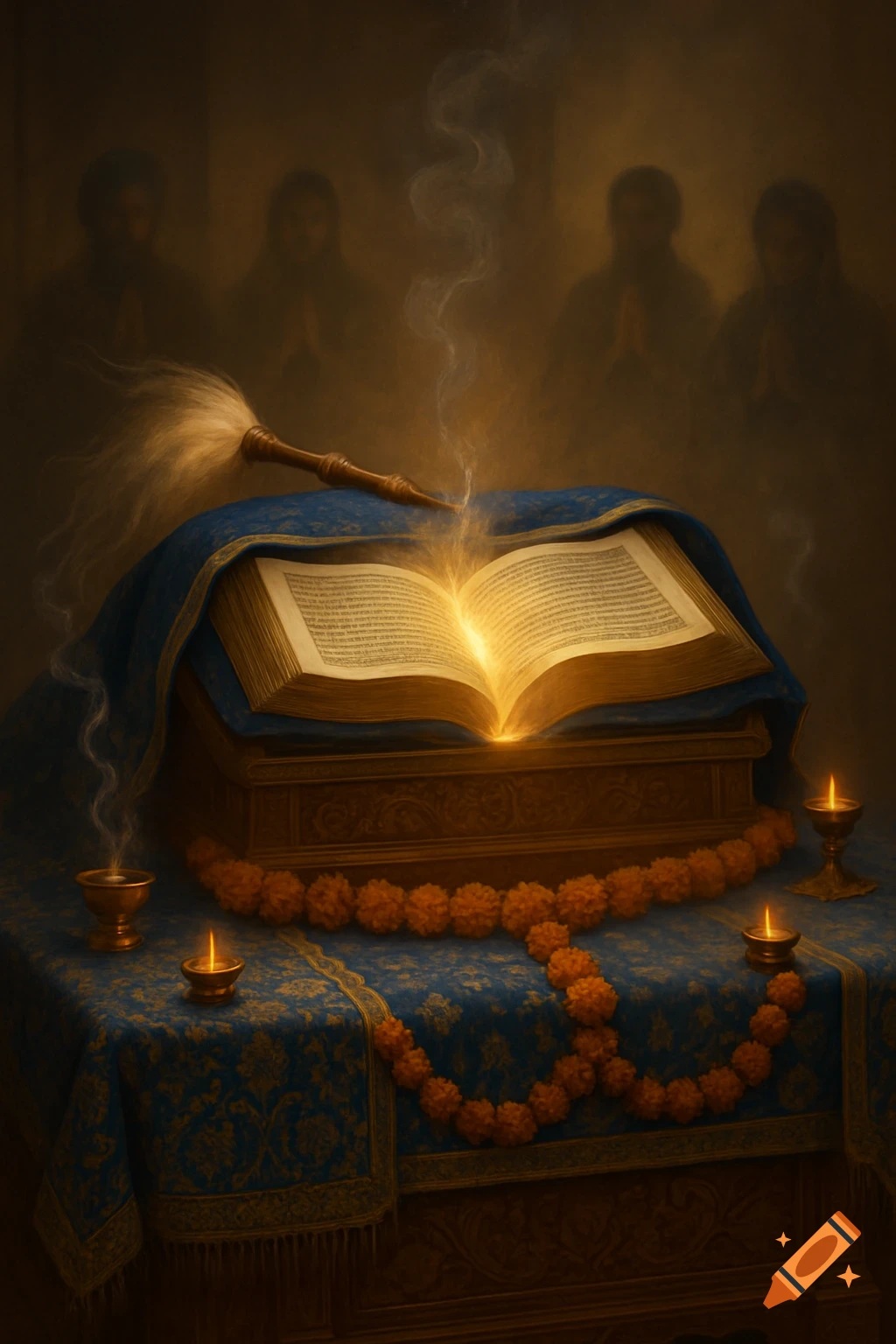 A glowing holy book on a blue patterned cloth, adorned with orange marigold garlands and oil lamps, with smoky, ethereal figures in the background.