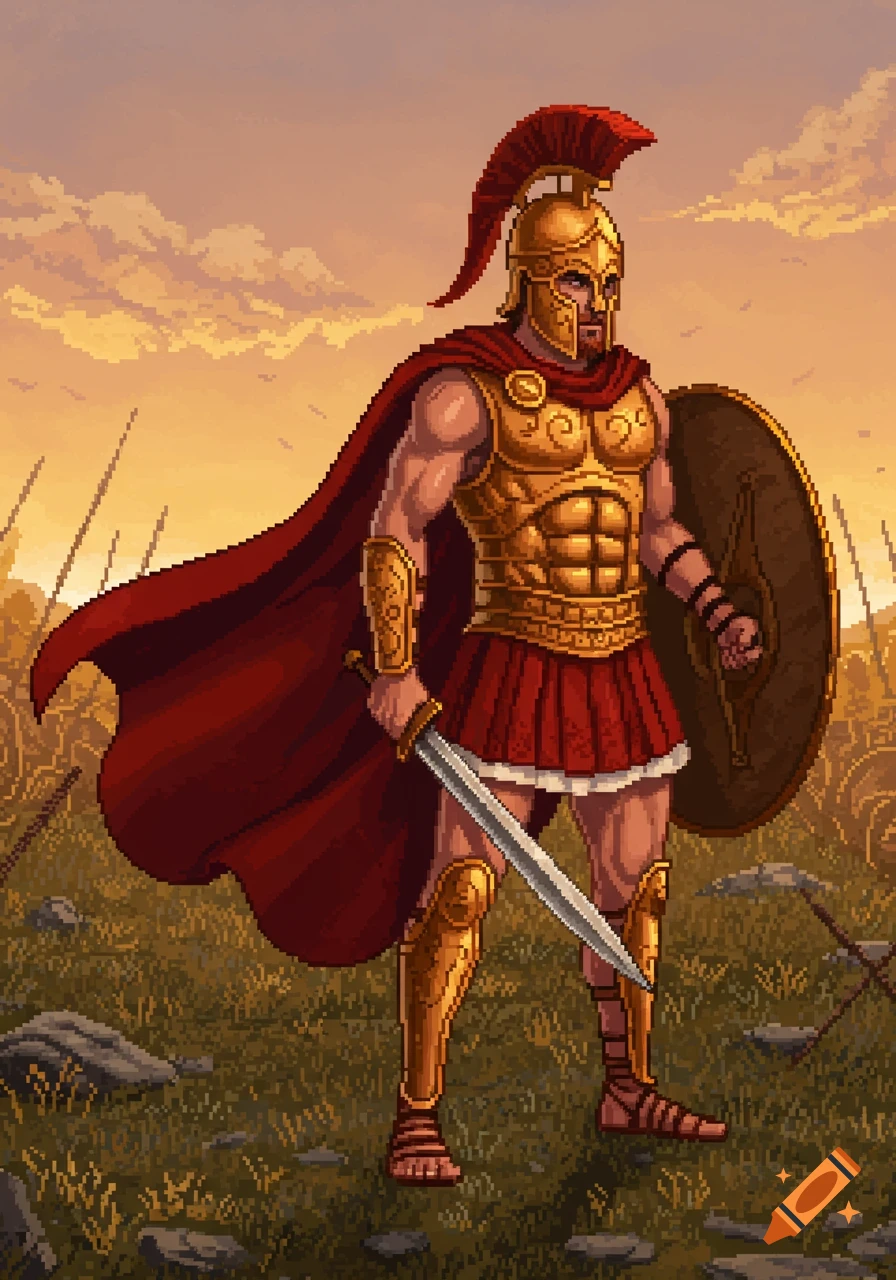 A pixel art warrior in golden armor and a red cape stands in a field, holding a sword and shield at sunset.