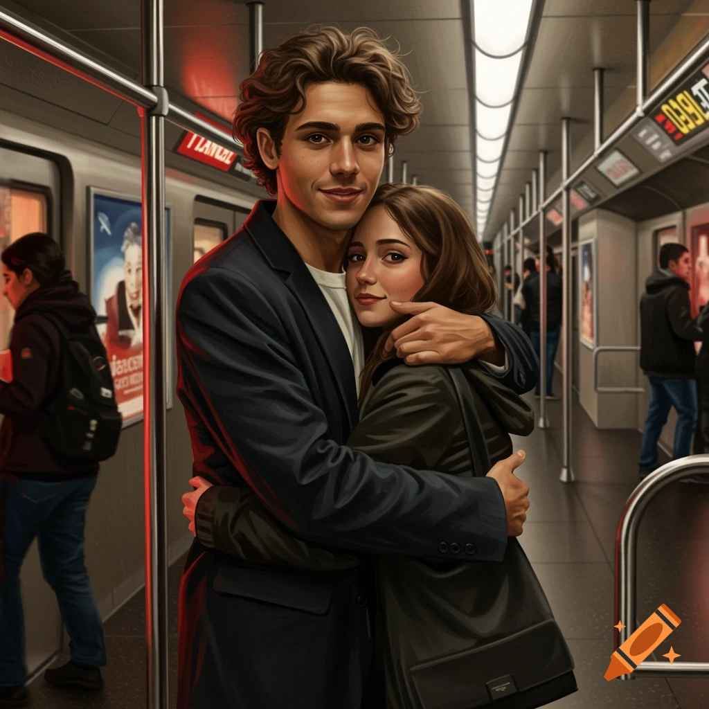 A smiling couple embraces in a detailed digital art depiction of a moving subway train.