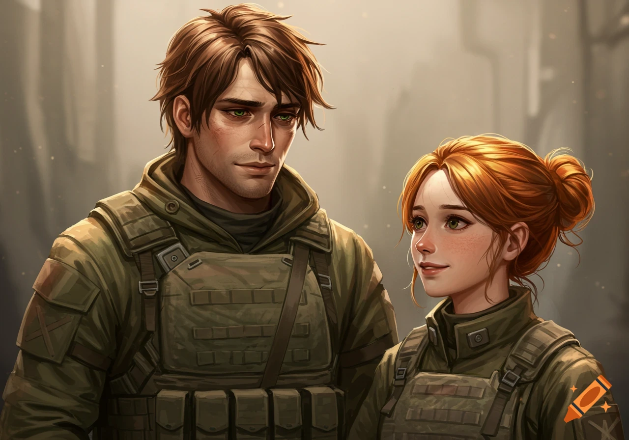 Digital art portrait of a man with brown hair and a woman with red hair in military vests, both with green eyes, looking intently.