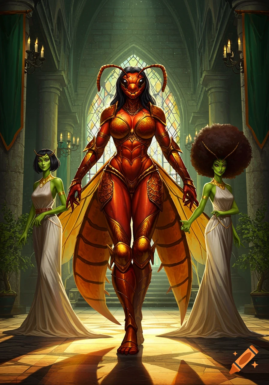 A red wasp warrior in armor stands in a castle hall with two green-skinned wasp attendants in dresses.