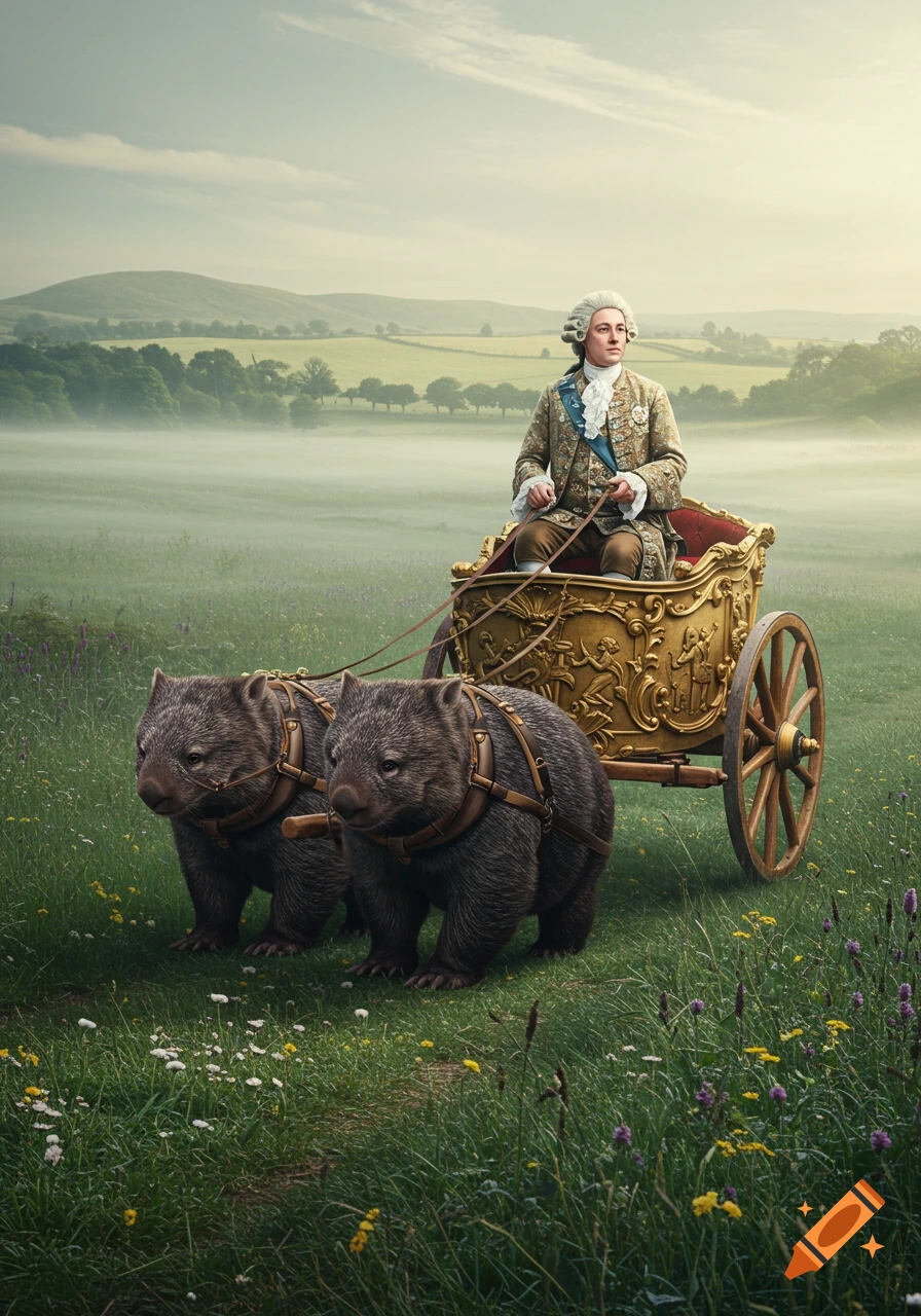 A British man from the 1700s in elaborate attire rides a golden chariot pulled by two wombats through a misty, grassy field.