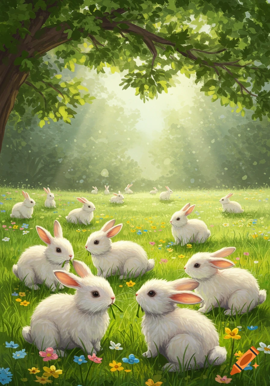 Many white rabbits sit in a sun-dappled green field with colorful wildflowers beneath a large tree, rendered in an illustrative style.