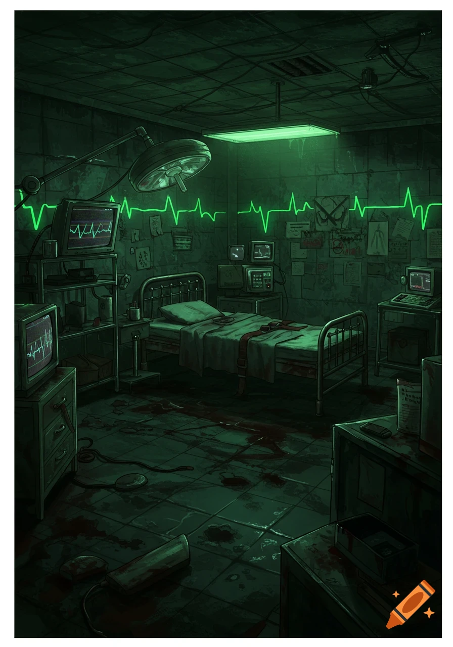 A dark, grim medical room with green lighting, a bed with restraints, blood stains on the floor, and heart rate monitors. Digital art style.