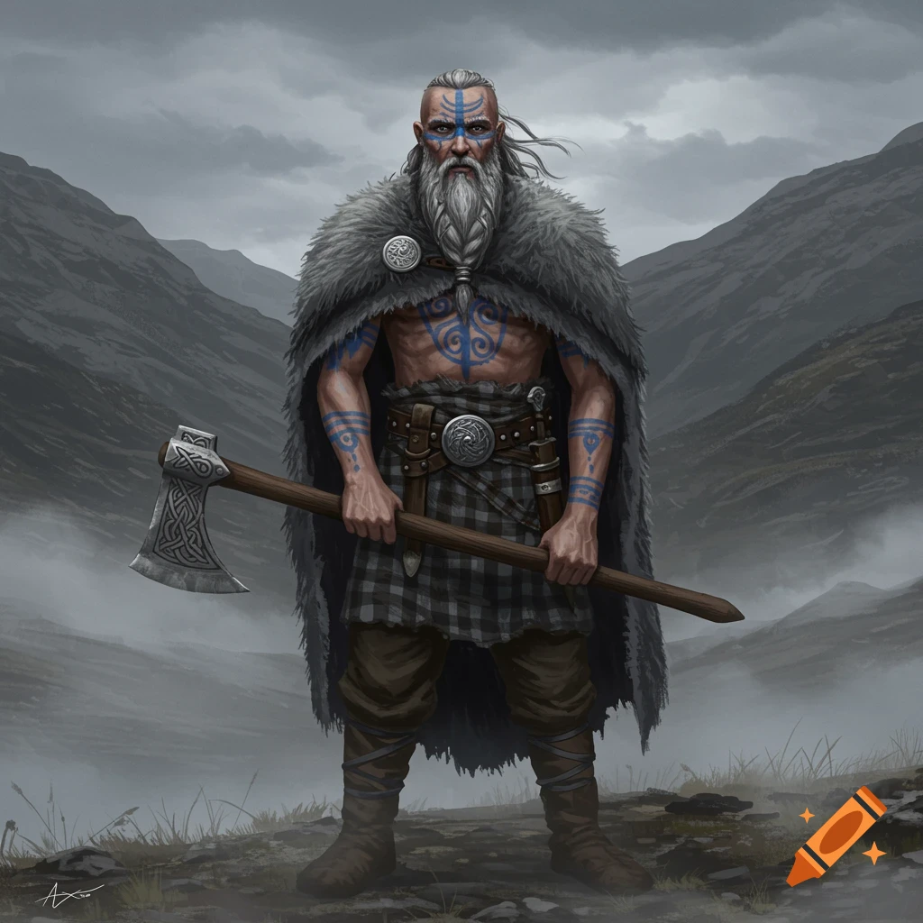 A bearded Pictish warrior with blue tattoos, a kilt, and a fur cape stands in a cloudy mountain landscape, holding an axe.