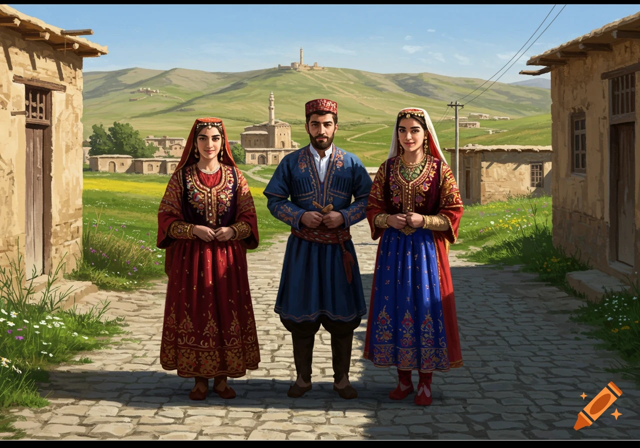 Three people in colorful traditional clothing stand on a cobblestone path in a rural village with green hills.