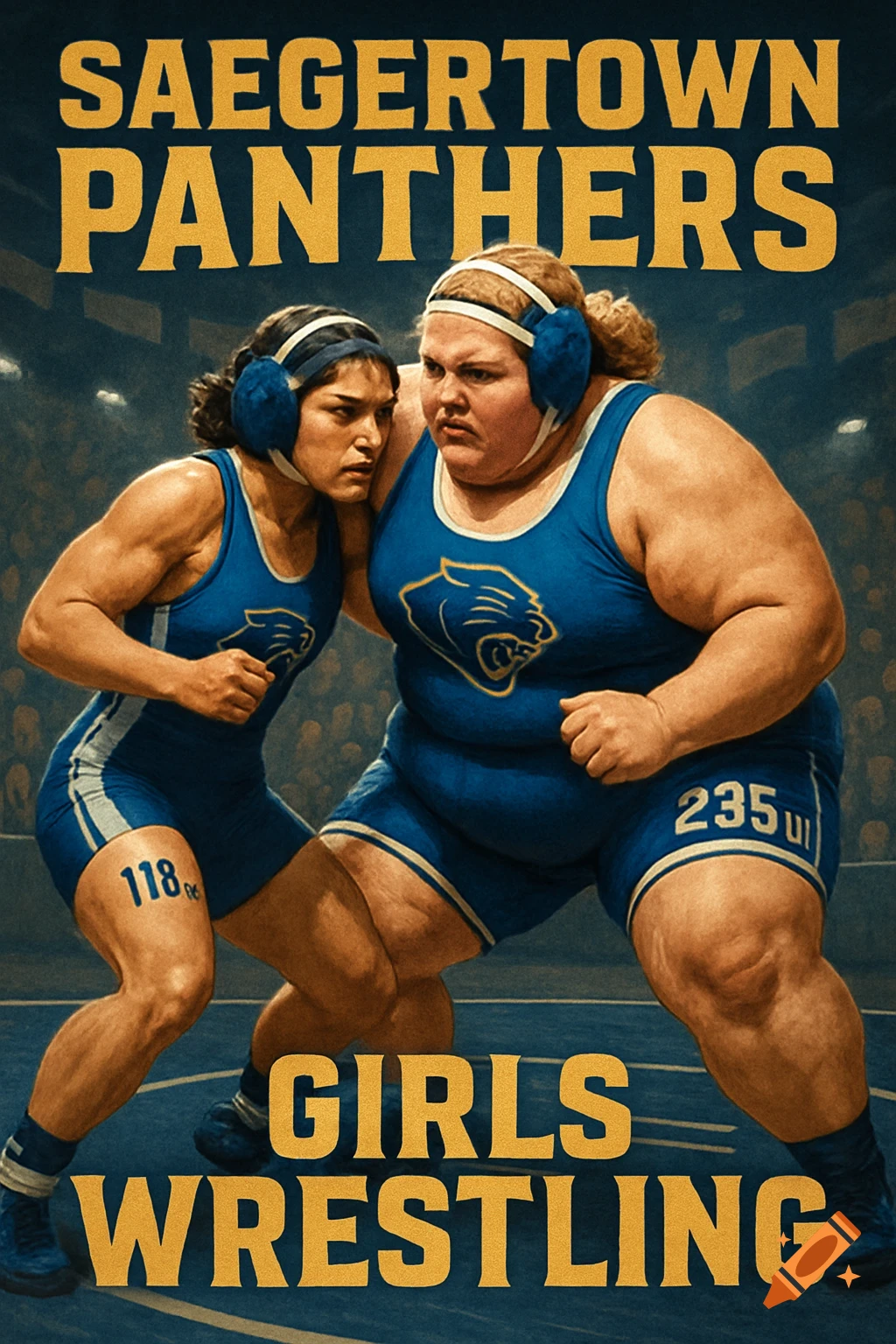 A poster advertising "SAEGERTOWN PANTHERS GIRLS WRESTLING" with two female wrestlers in blue singlets, one muscular, one heavier, grappling in a wrestling ring. Numbers "118" and "235" are visible on their legs.