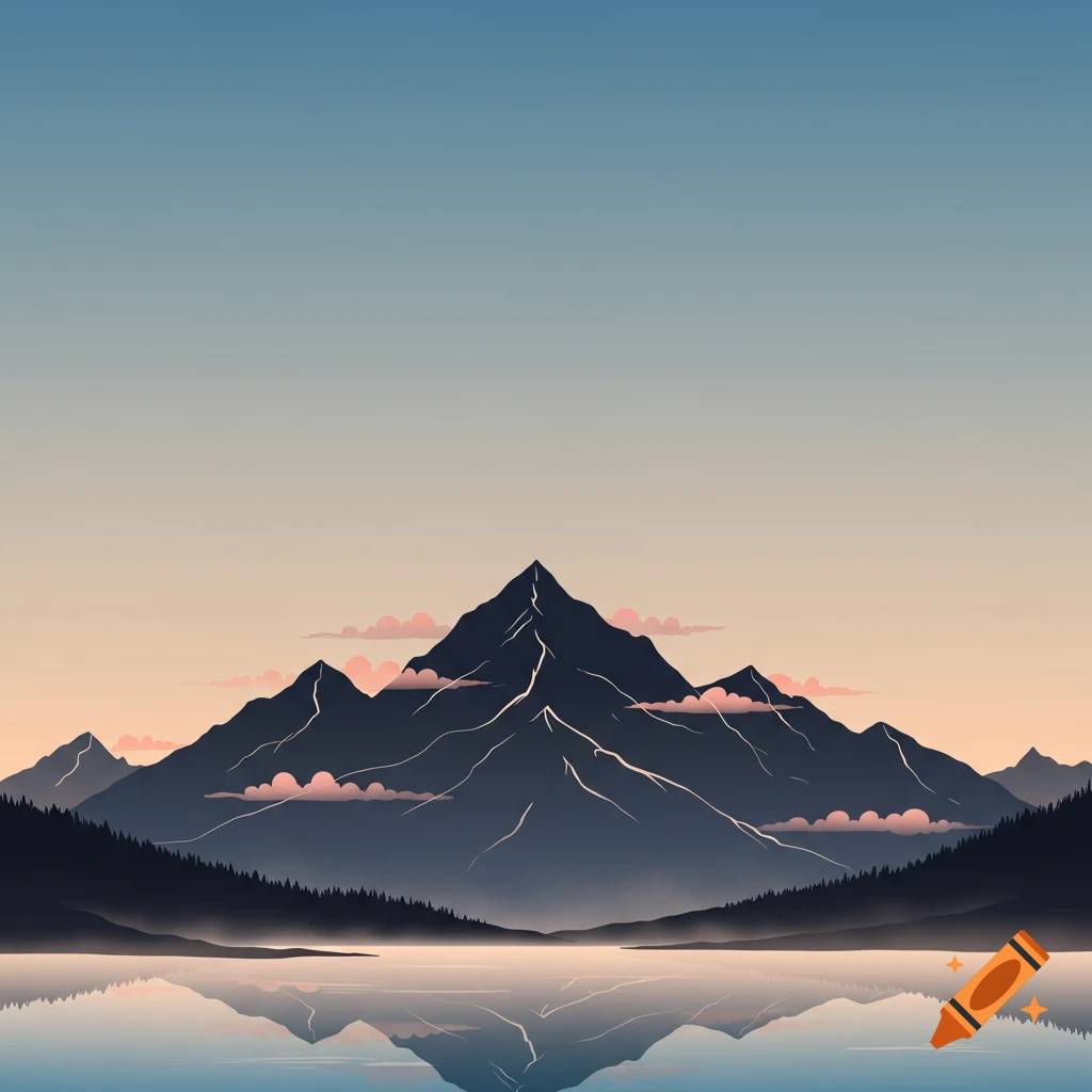 Minimalist illustration of dark mountains reflected in a still lake under a blue and pink sky.