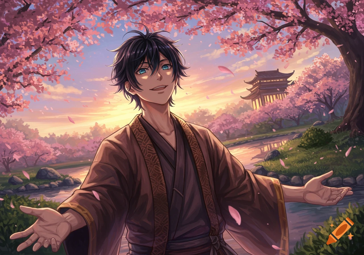Anime boy with blue eyes and black hair stands under pink cherry blossom trees, arms open, smiling at sunset with a Japanese temple in the background.