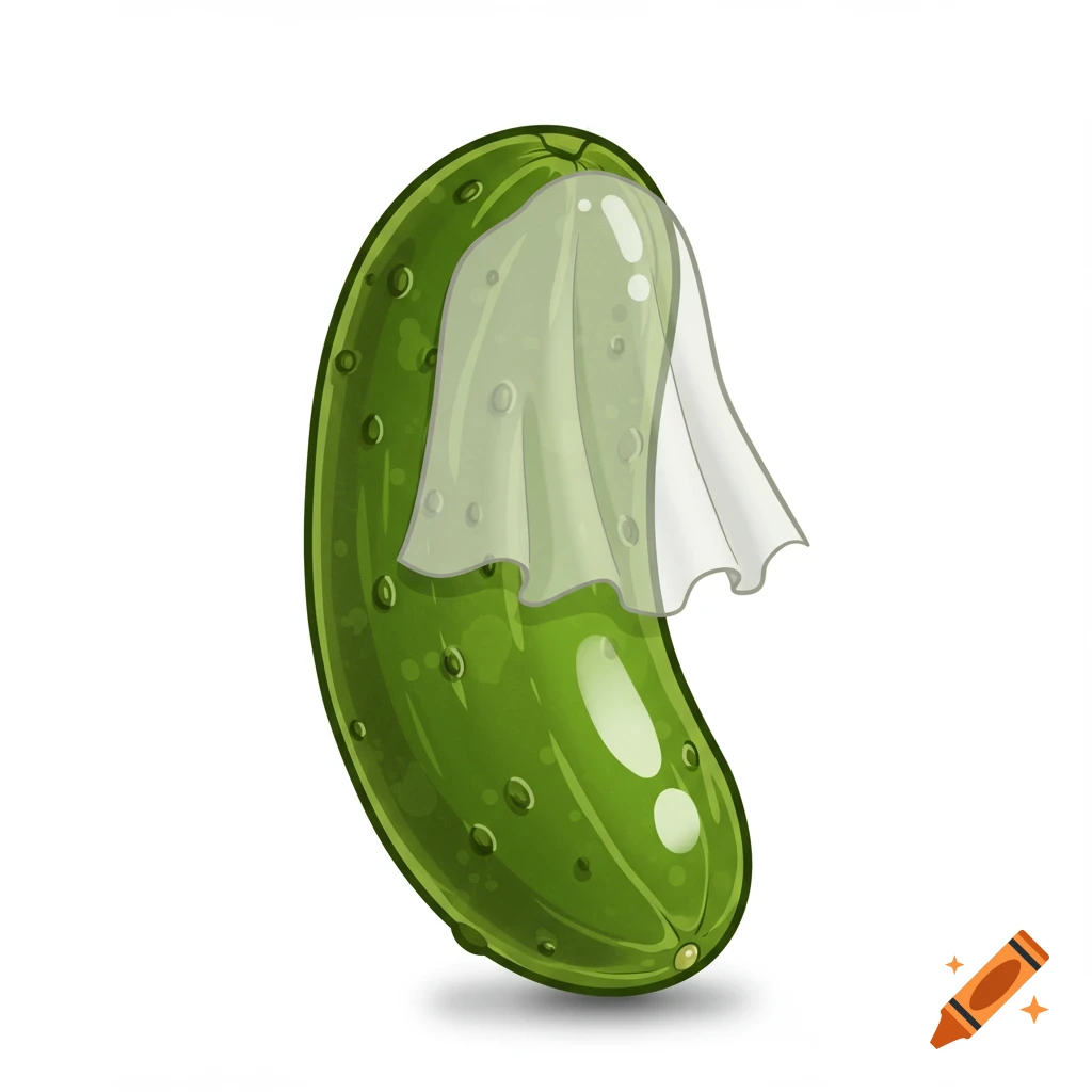 A simple graphic illustration of a green pickle wearing a translucent white veil.