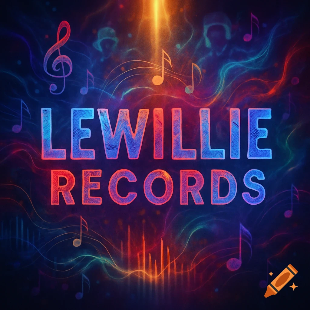Neon blue and red text 'LEWILLIE RECORDS' with musical notes, treble clef, and equalizer lines on a dark, glowing background.
