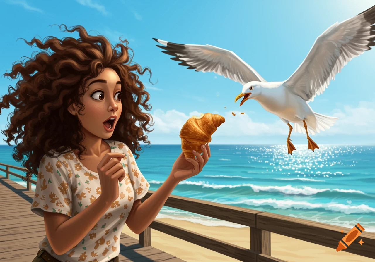 A cartoon woman with curly hair looks surprised as a seagull flies to steal her croissant on a pier by the ocean.