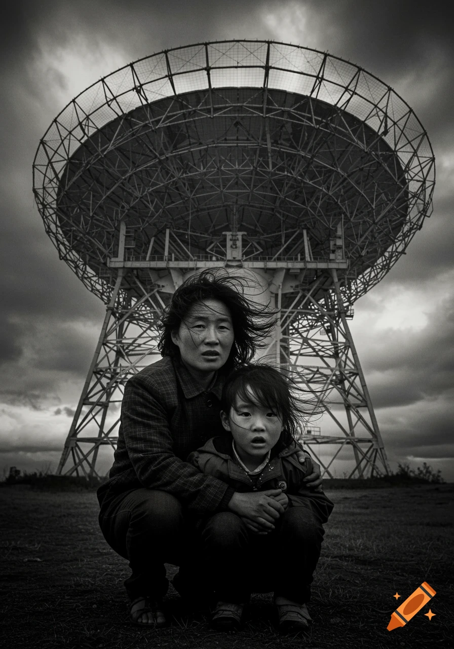 Black and white photo of a mother and daughter crouching in front of a large parabolic antenna under a cloudy sky, hair blowing in the wind.