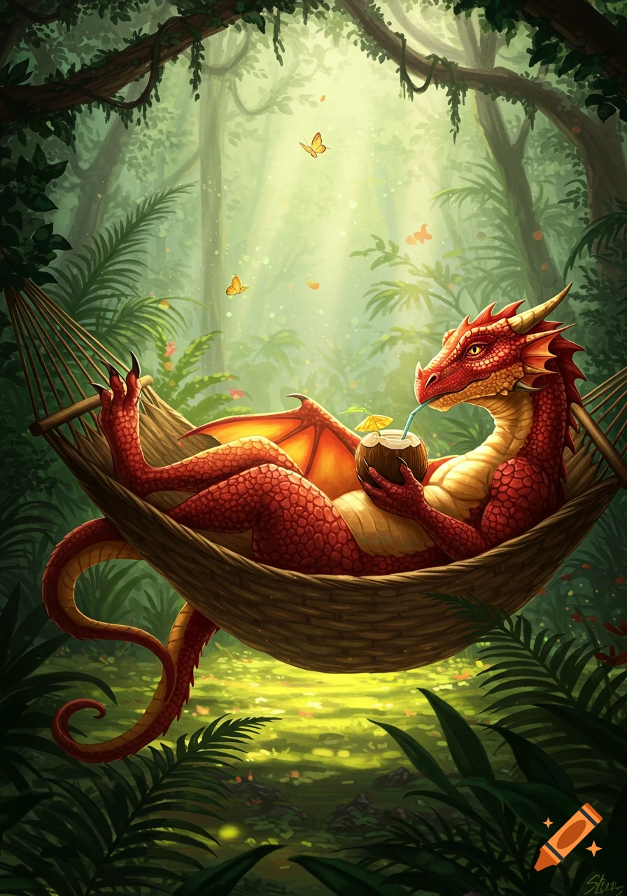 A red dragon with yellow underbelly lounges in a hammock in a sunlit jungle, sipping from a coconut drink. Butterflies flutter above.