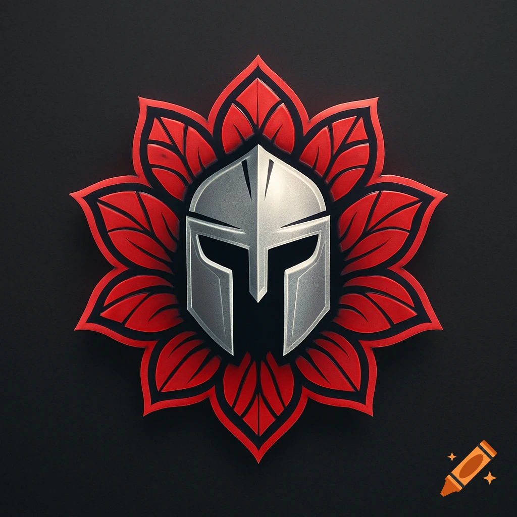 A silver Spartan helmet centered within a red floral mandala on a dark background.