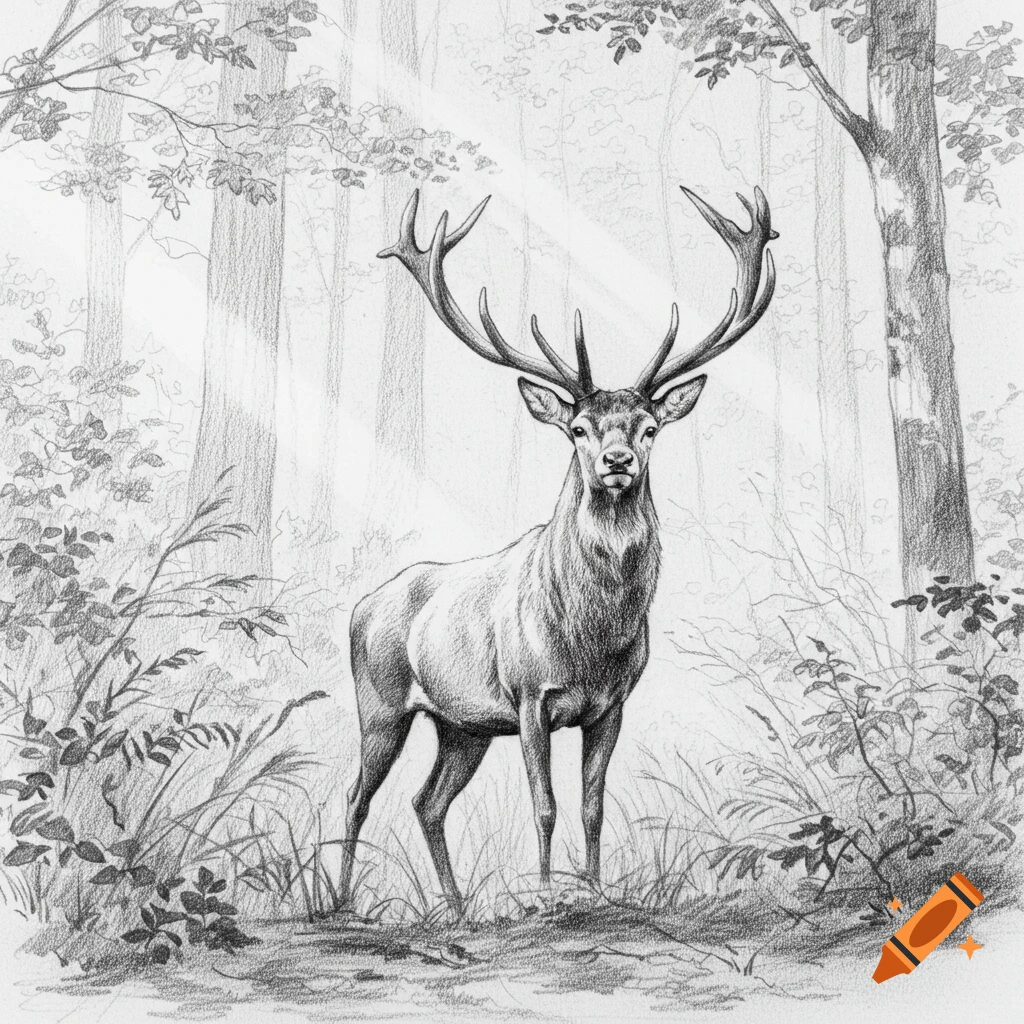 A detailed black and white pencil sketch of a majestic deer with large antlers standing in a forest clearing, with sunlight streaming through the trees.