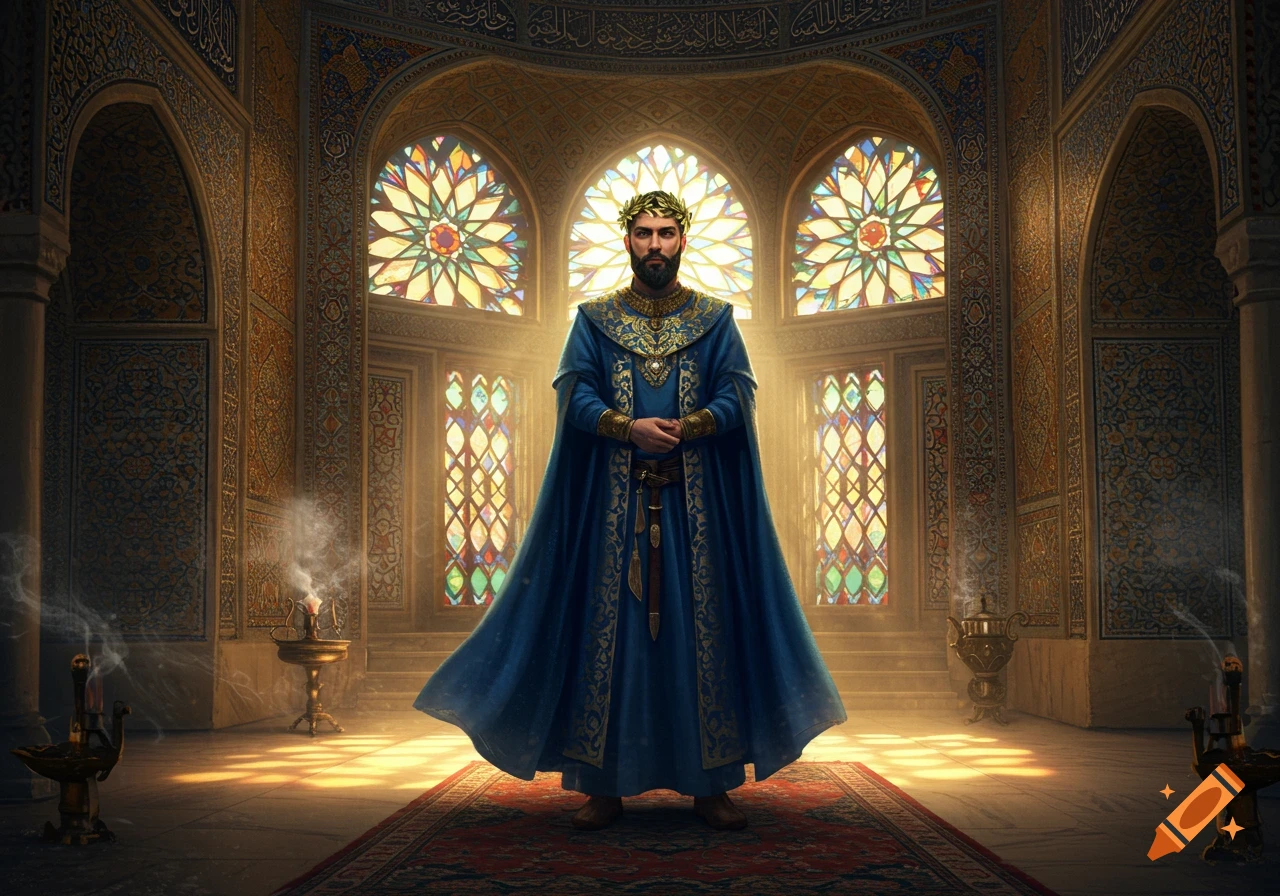 A regal man with a beard and a laurel crown stands in a grand, ornate hall with stained glass windows, wearing a long blue and gold robe.
