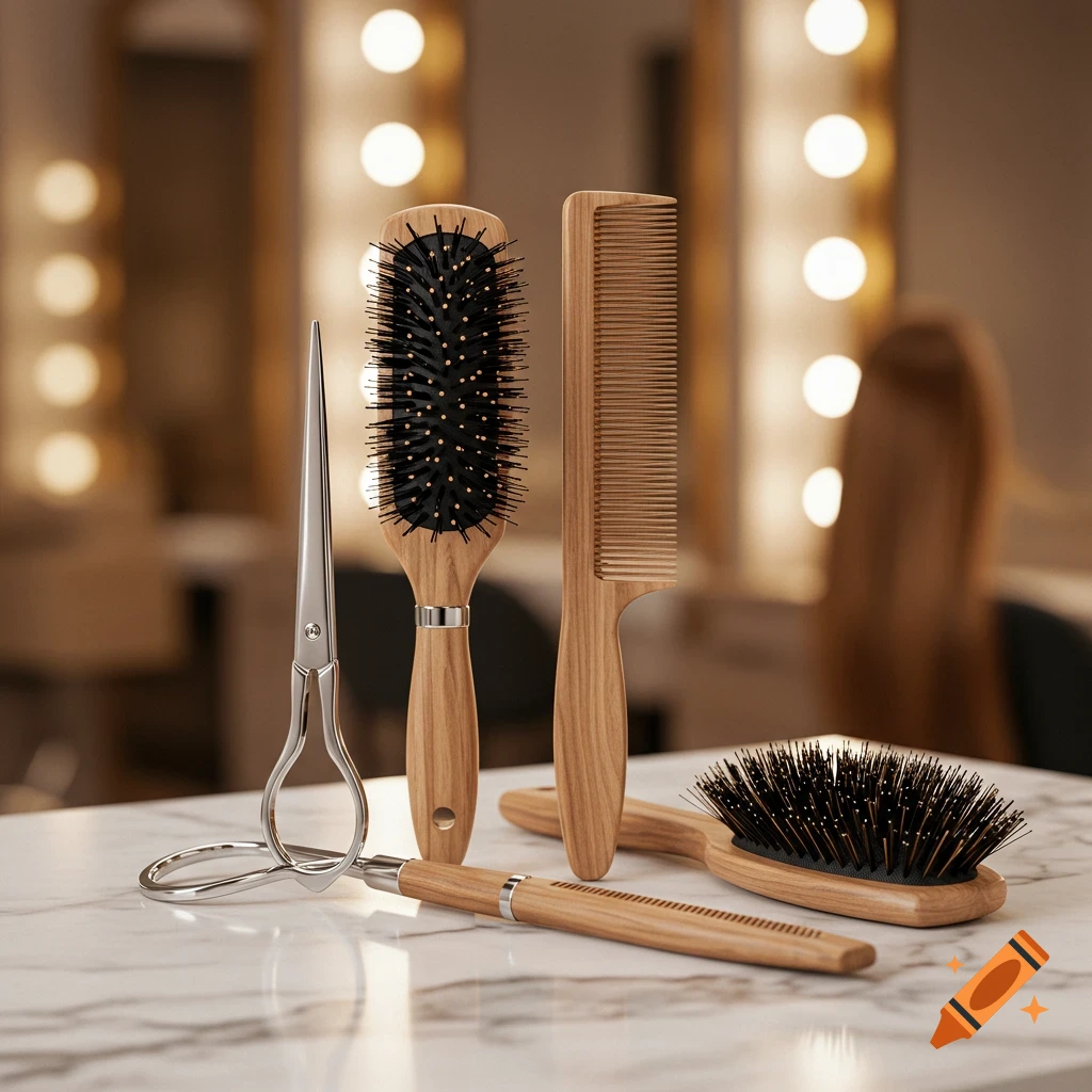 Photorealistic close-up of a wooden paddle brush, a comb, a round brush, and silver scissors on a white marble counter in a salon.