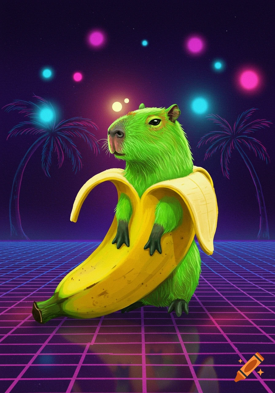 A neon green capybara wearing a banana peel suit stands on a glowing grid floor with neon palm trees in a synthwave style.