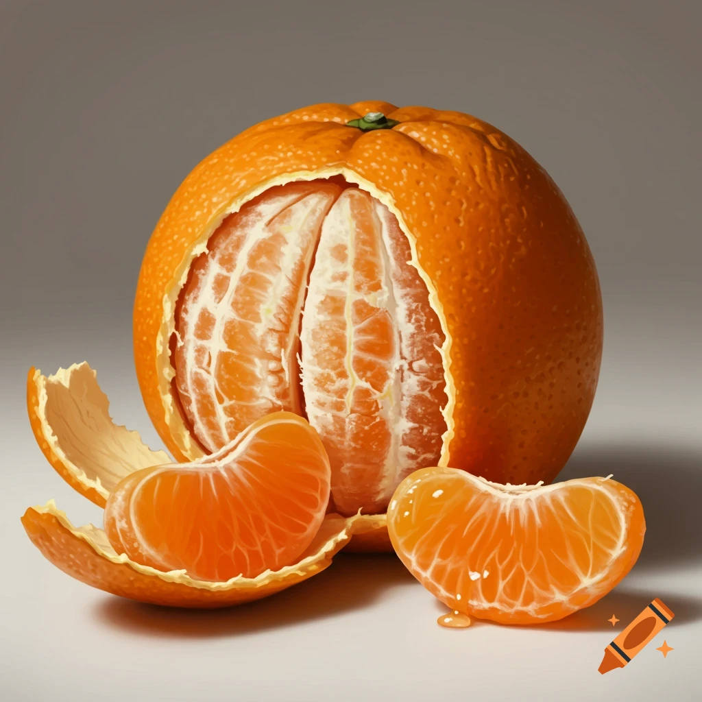 A photorealistic image of a partially peeled orange with a segment and a piece of peel showing a color anomaly.