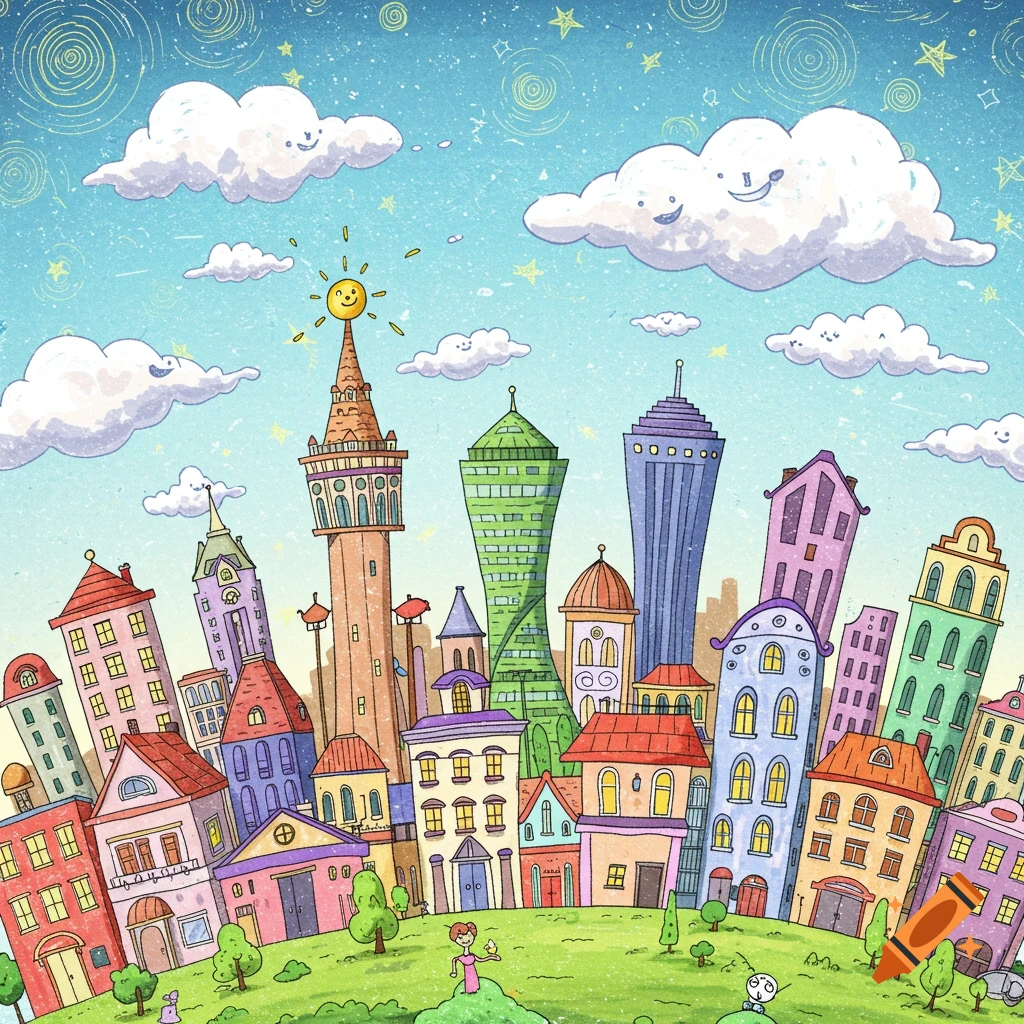 A whimsical, colorful cityscape with cartoonish buildings, a smiling sun atop a tower, and smiling clouds in a child-like drawing style.