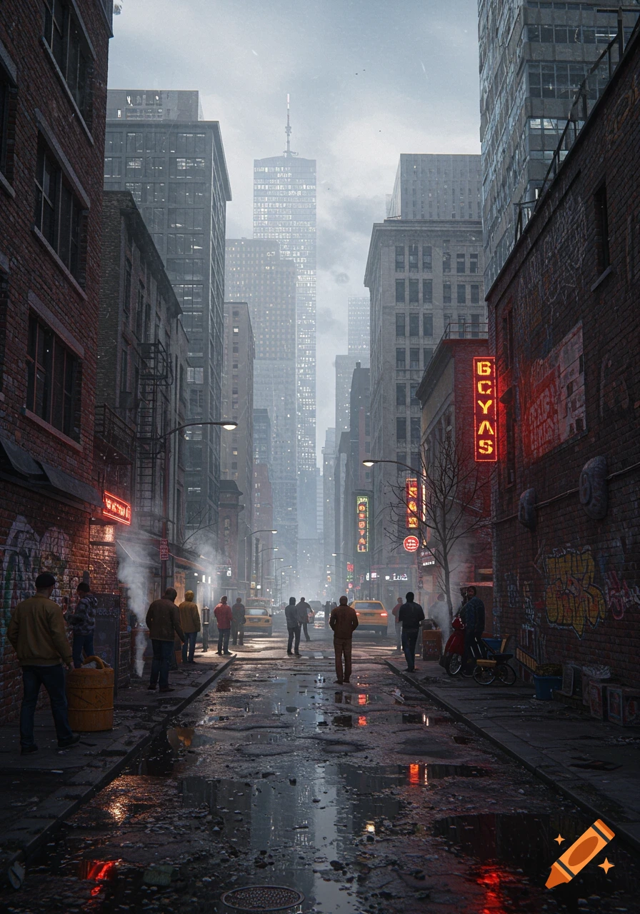 A moody, photorealistic rendering of a dark, wet city street lined with tall, brick buildings and neon signs, with people walking along the street.