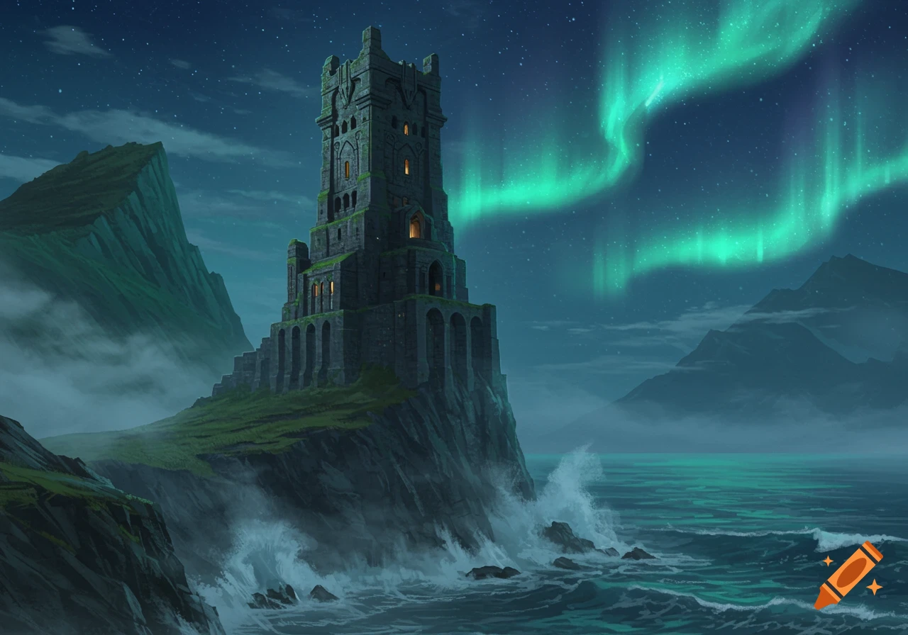 A dark, imposing stone tower stands on a rocky cliff overlooking a turbulent sea under a night sky lit by green aurora borealis.