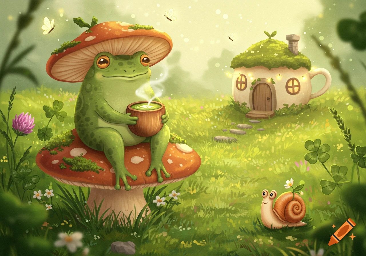 A whimsical frog sits on a mushroom, holding a steaming cup, in a sun-dappled meadow with a teacup cottage and a snail.