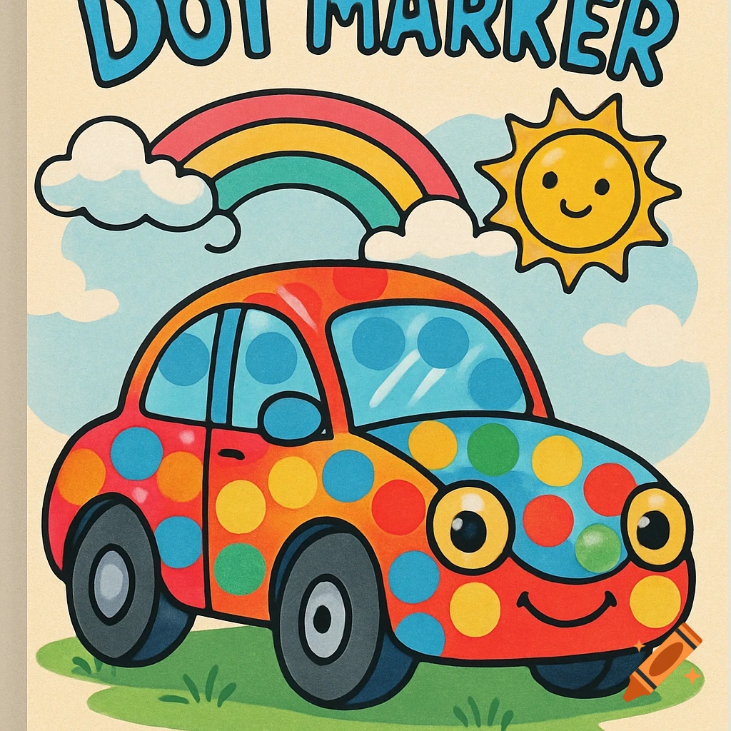 A vibrant children's illustration of a polka-dotted car under a rainbow and smiling sun, with 'DOT MARKER' text.