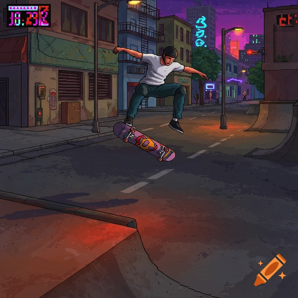 Pixel art of a skateboarder mid-air performing a trick over a ramp on a city street at night.