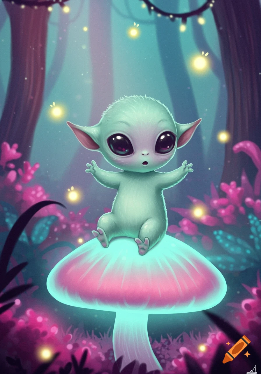 A cute, light green alien creature with large eyes sits on a glowing pink and blue mushroom in a vibrant, magical fantasy forest.