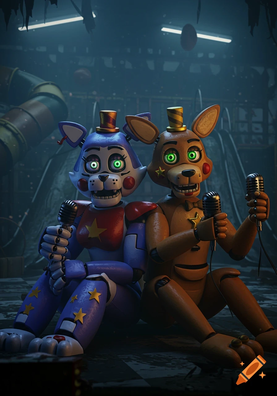 Two animatronic characters, a blue and red cat and a brown kangaroo, sit together in a dark, run-down indoor playground, holding microphones. Both have glowing green eyes.