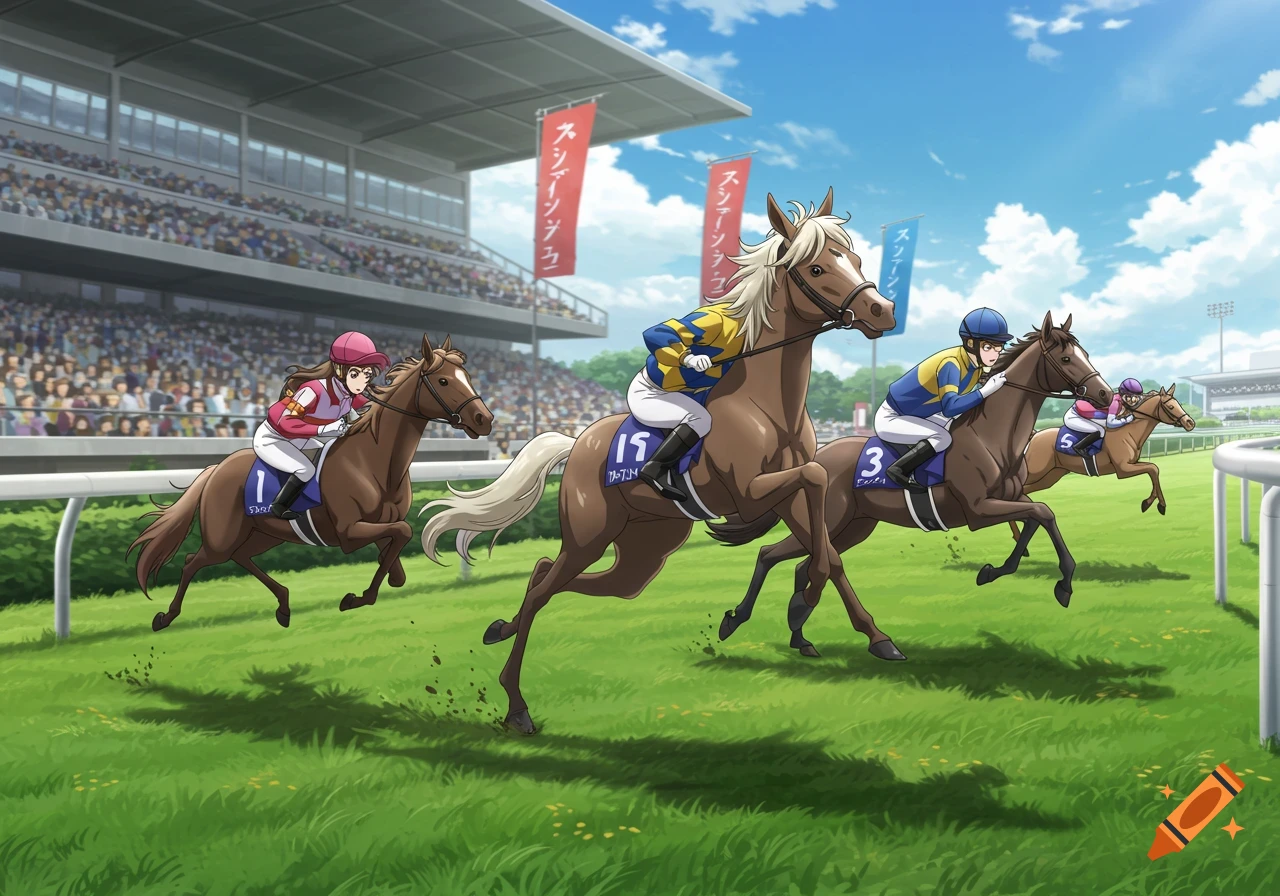 Anime style illustration of several jockeys on racehorses galloping on a green track at a stadium under a blue sky.