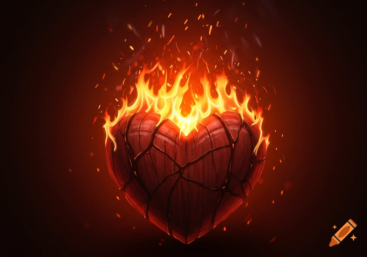 A stylized illustration of a carved, dark red heart engulfed in bright orange flames with sparks rising.