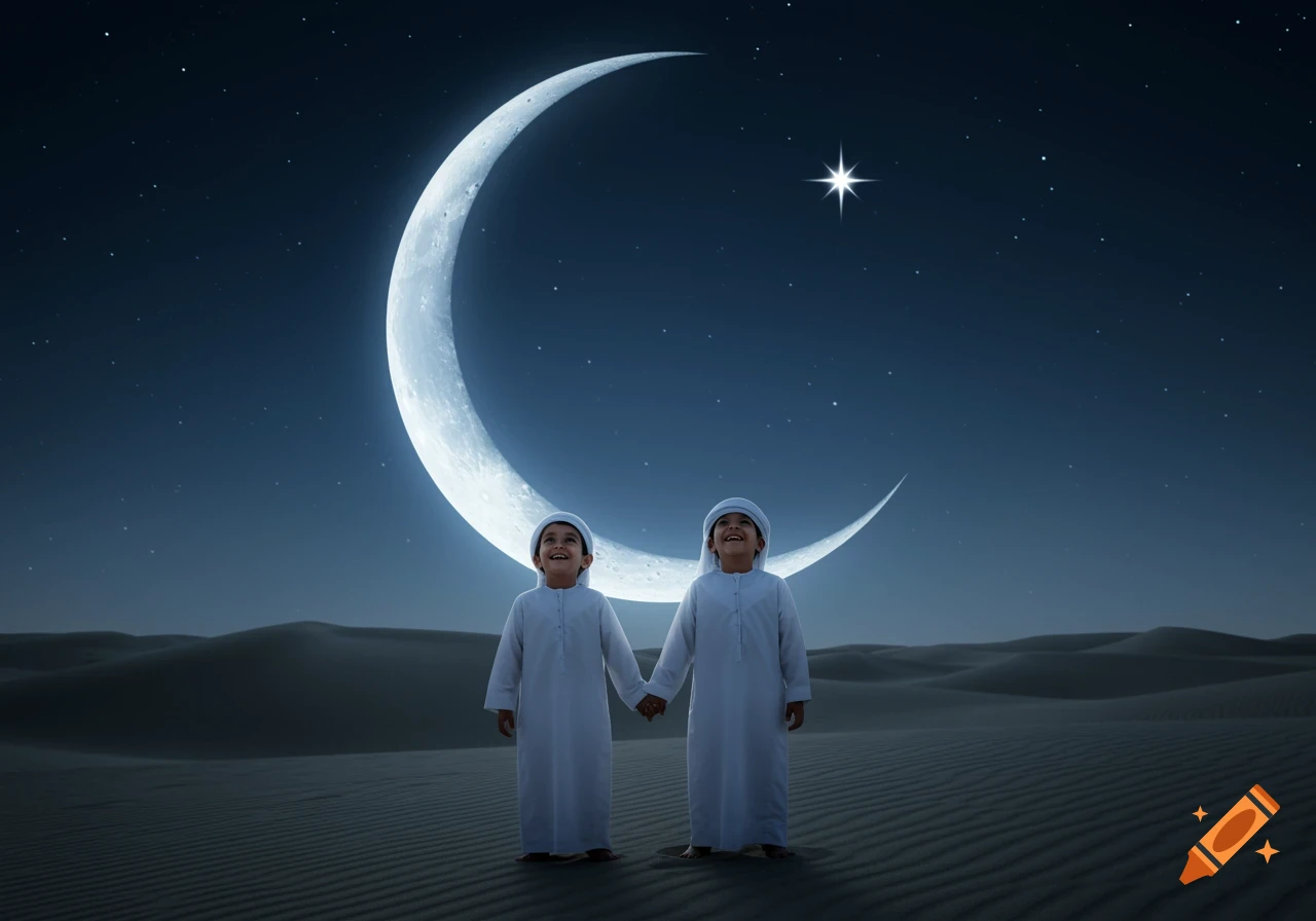 Two young children in thobes hold hands in a desert at night, looking up at a large crescent moon and a bright star.