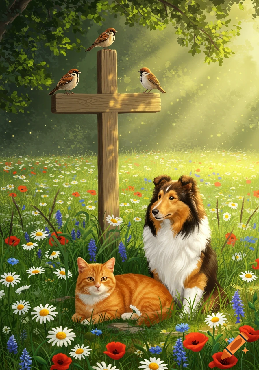 A wooden cross with sparrows in a field of wildflowers, with an orange cat and a Rough Collie dog.