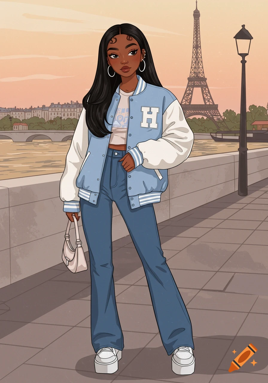An illustrated Black girl in a pastel blue varsity jacket and jeans stands by the Seine river with the Eiffel Tower in the background.