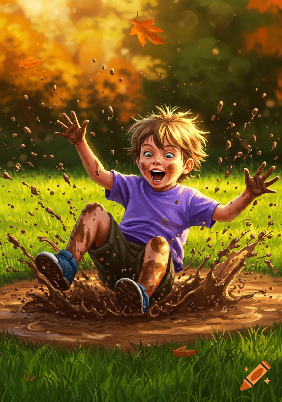 A joyful boy in a purple shirt falls into a mud puddle, creating a big splash, with autumn leaves falling around him.